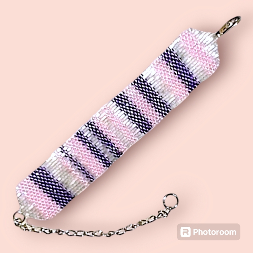 HANDMADE Pink, Purple, & White Irregular Striped Woven Beaded Tapestry Bracelet